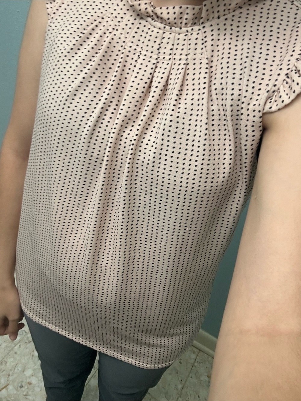 Polka Dot Pink Black Ruffle Collar Sleeve Flowy Blouse M EUC